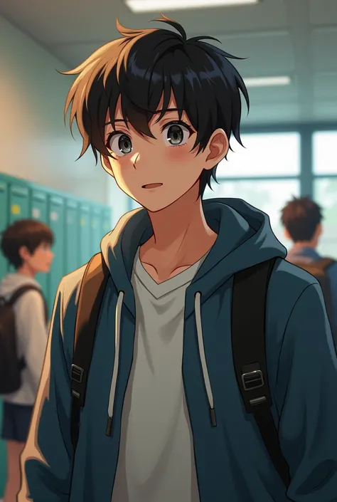  a black-haired young man in a high school 
