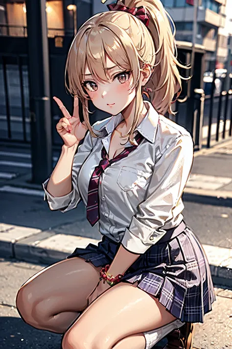 Straight hair, ponytail,Blonde,Crouching pose、One hand on face,Navy blue blazer uniform, White shirt, red and grey striped tie, Grey plaid skirt,panties,night,Outdoor urban environments, Natural light,Casual atmosphere, Front view, Deep writing depth, Well...