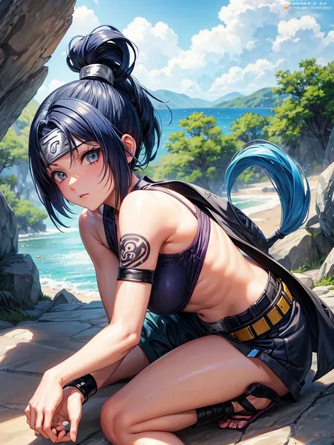 Original girl character in Naruto anime stile
Tattoo, Solo, Short Hair, Blue Hair, Ponytail, Anatomically Correct, Shinobu