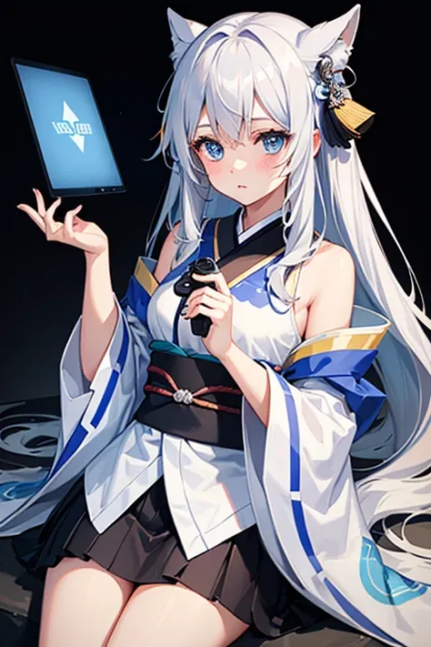 One Girl, Holding a game controller with both hands, Playing PC games, Silver Hair, Semi-long hair, Sky blue eyes, kimono skirt, Black Background, cute, blush, Medium chest, Highest quality++, Highest quality++