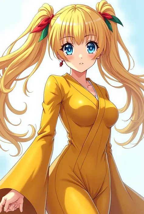 Kizi,long and blonde hair,with pigtails,intense azure eyes. She has an athletic physique, with toned muscles and a confident posture,fly away,wears a yellow kimono. anime styling