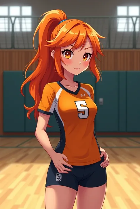 A 1 girl with a developed body with orange hair and eyes, a little short in size with a volleyball uniform and with the background of the image with a gym 