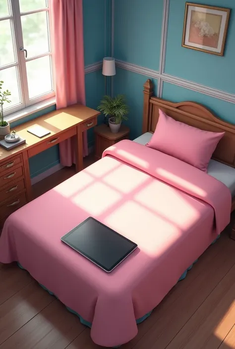 A pink small bed room with blue walls and brown floor with a desk, plus a tablet on the bed