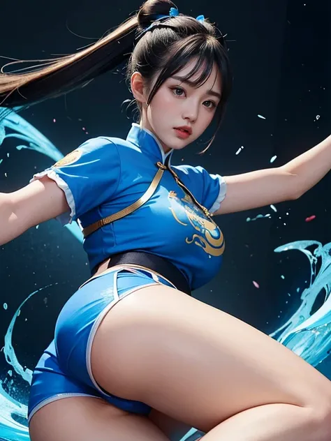 Two buns hair。Chunli。blue chinese style short sleeve shirt。blue chinese style hot pants。Kung Fu Girl。