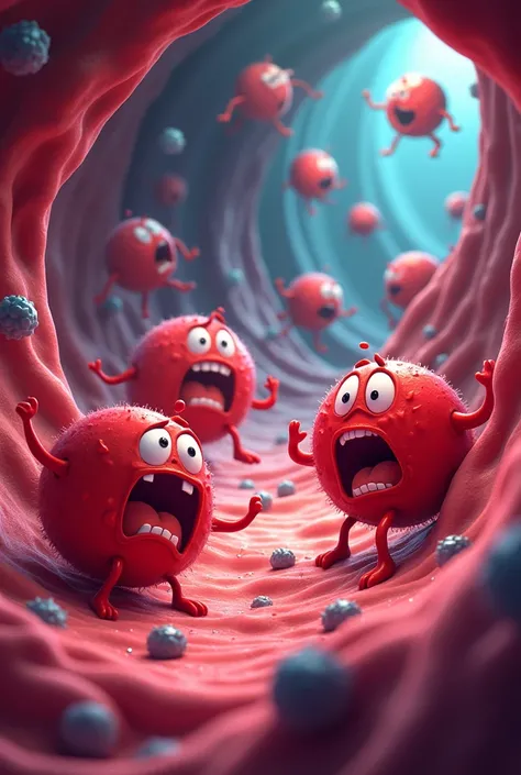 In a blood stream a cartoon characters redblood cells are crying and  started to break and pop when the enemy particles color grey started to attacked while G6PD enzymes are trying to protect them