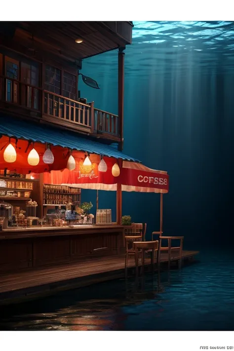 fishman coffee shop, underwater coffee shop, surreal underwater atmosphere, (best quality,4k,8k,highres,masterpiece:1.2),ultra-d...