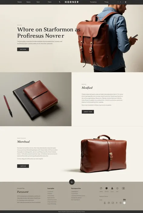 Make me a horizontal website for the Hörner brand, which sells leather-based products., as wallets, bitacoras, backpacks, porta laptops, has a masculine and sophisticated style

