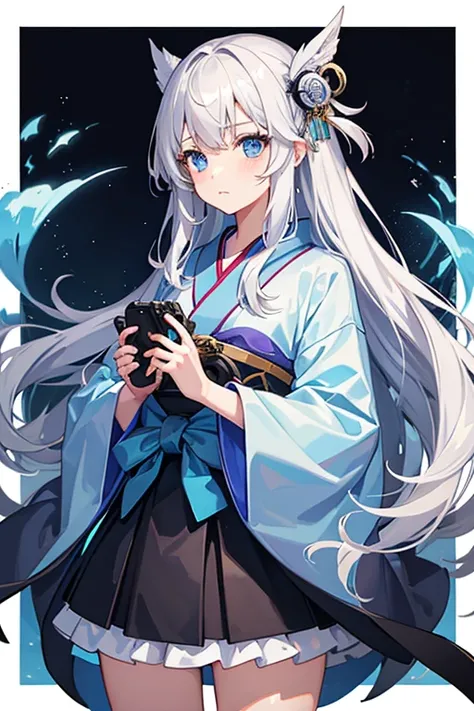 One Girl, Holding a game controller with both hands, Playing PC games, Silver Hair, Semi-long hair, Sky blue eyes, kimono skirt, Black Background, cute, blush, Medium chest, Highest quality++, Highest quality++