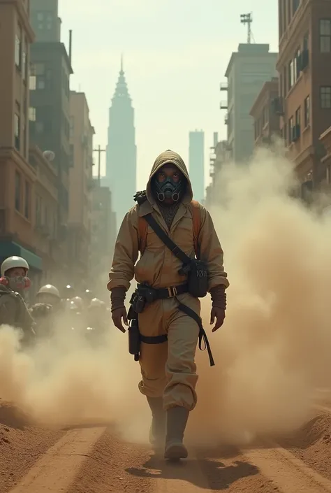 A person wearing a mask in the middle of a city with a desert climate and a lot of smoke 