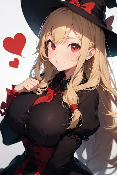 1 female, teenage girl, witch clothes, blonde long hair, rosa cheeks, huge breast, witch house, teddy bear, happy face, red eyes, witch hat, love heart, hug