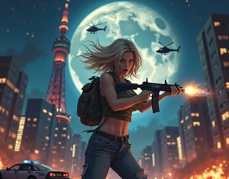 Detailed photo quality、The background is the Roppongi intersection in Tokyo.、Tokyo Tower in the center of the background、Night starry sky、Extra-large full moon、There are many living dead walking around、LIVING DEAD attacks the protagonist、The protagonist is...