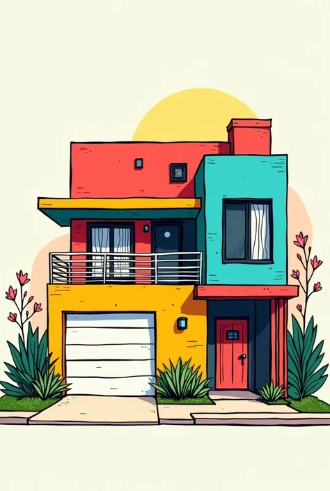 Easy sketch drawing of a remodeled two-story pop art style facade with a garage on the left side