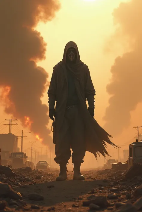 A person wearing a mask in the middle of a desert city with a lot of smoke from fires 