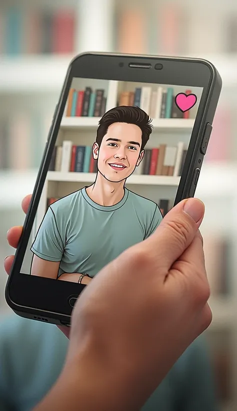 A hand holding a smartphone showing the screen, which displays a smiling young man with short dark hair. The man is wearing a light blue t-shirt and is set against a blurred background of bookshelves, giving the appearance of a video call or a dating app p...