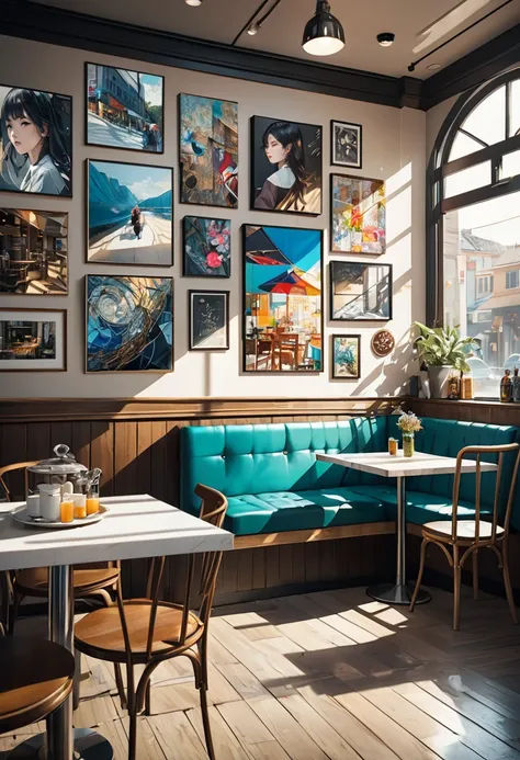 patchwork illustrations, conceptual installation art, fusion of acrylic and collage paintings, high and fine artwork, cafe interior image, delicate and dynamic textures, contrasts of light and shadow, 2.5D, artistic photography, hyper realistic, graphic CG...