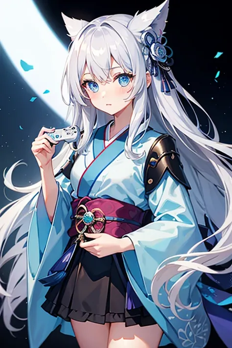 One Girl, Holding a game controller with both hands, Playing PC games, Silver Hair, Semi-long hair, Sky blue eyes, kimono skirt, Black Background, cute, blush, Medium chest, Highest quality++, Highest quality++