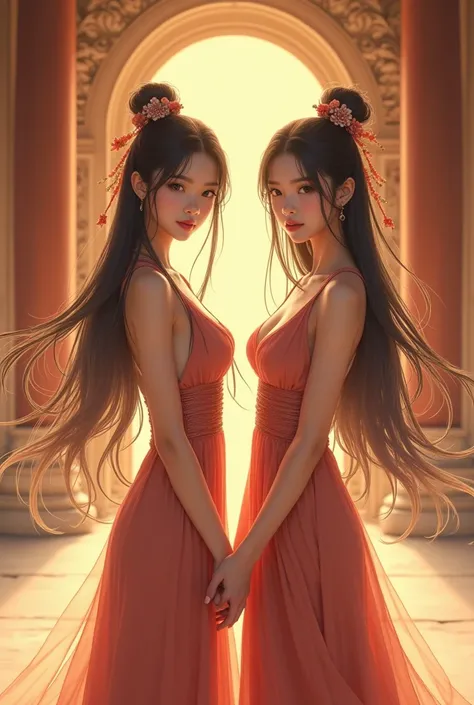 Two beautiful young Asian female students, aged 18-19, wearing full-length skirts and long legs., long hair, chest, chestใหญ่, decorationsผม, decorations,  Pose for a photo in the background of the palace of gods