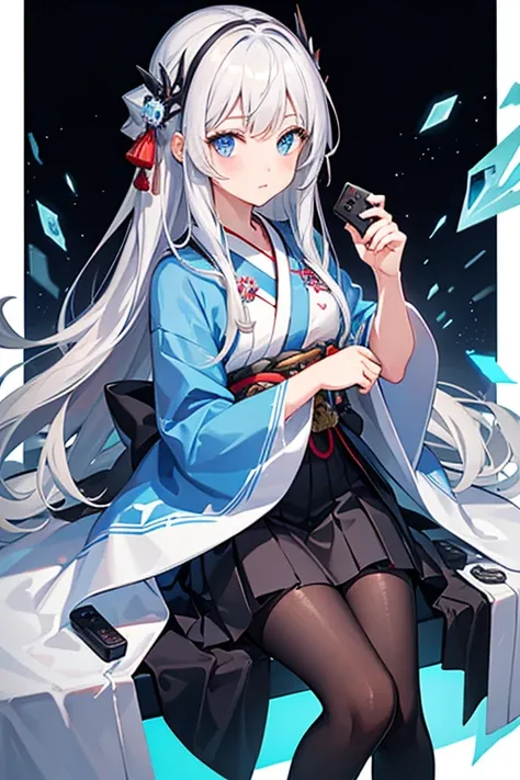 One Girl, Holding a game controller with both hands, Playing PC games, Silver Hair, Semi-long hair, Sky blue eyes, kimono skirt, Black Background, cute, blush, Medium chest, Highest quality++, Highest quality++