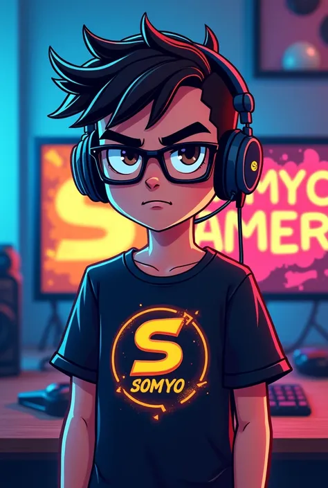  Cartoon boy black shirt gaming logo for YouTube with neon light blue and yellow and name plate SOMYO Gamer and headphones and thug life glasses and angey s letter beground
Minecraft boy

