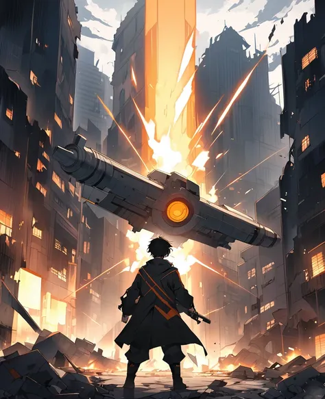 Scene of a man with short black hair, with black lines on his face and black clothing, standing firing a large futuristic orange light cannon, in a destroyed city. Anime style seen from the front 