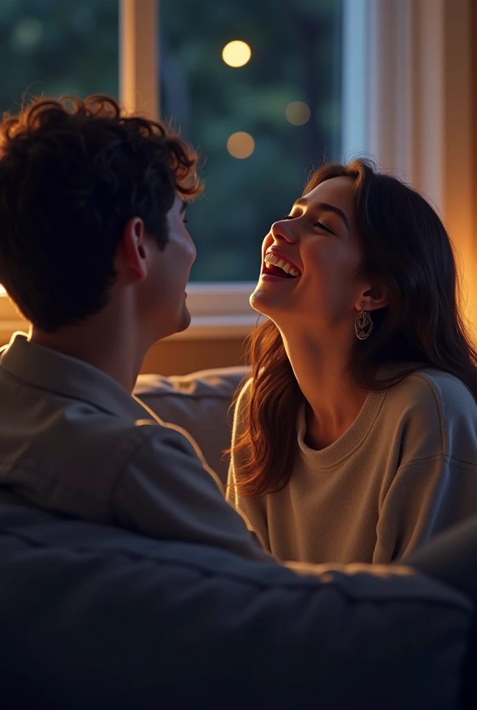 Perspective from the back of a couch of a young woman laughing next to a young man at night