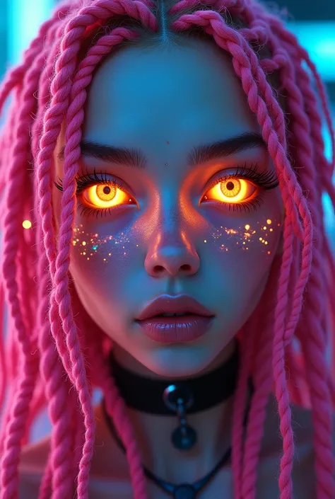 Fluorescent hair, pink hair, long hair, dreadlocked hair, medium eyes, brown eyes, orange eyes, 
Bright Eyes: Eyes that emit a neon glow, long eyelashes, black eyelashes, pale skin, 
Holographic Tattoos: Tattoos that light up and move across your skin,