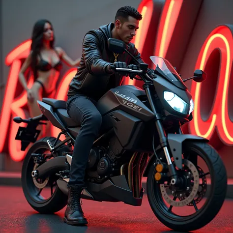 a man wearing a leather jacket and skinny jeans and leather boots and riding an Yamaha NMAX and his name is written on the motorcycle his name is Rogelio and he is wearing a gold necklace also his name is written Rogelio with a background of sexy ladies