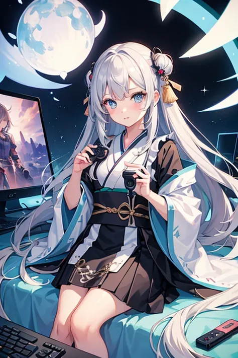 One Girl, Holding a game controller with both hands, Playing PC games, Silver Hair, Semi-long hair, Sky blue eyes, kimono skirt, Black Background, cute, blush, Medium chest, Highest quality++, Highest quality++