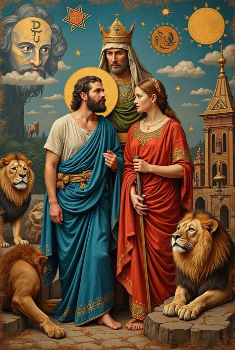 a collage of things that represents Daniel in the lion&#39;s den and Queen Esther that identifies each one