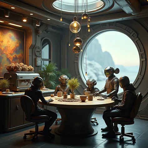 A coffee shop inside a spaceship，Customers are creatures from different galaxies，They sat around a table made of meteorites，Taste the unique coffee made from interstellar plants。On the wall are galaxy maps and cosmic landscapes.，The barista is a man in a s...