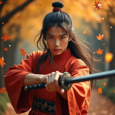 Handsome young Thai man in his traditional attire, sword in hand, intense, surround by falling autumn leaves, Long Hair, Depth Of Field, Looking at viewer, Best Quality, Sparkle, 