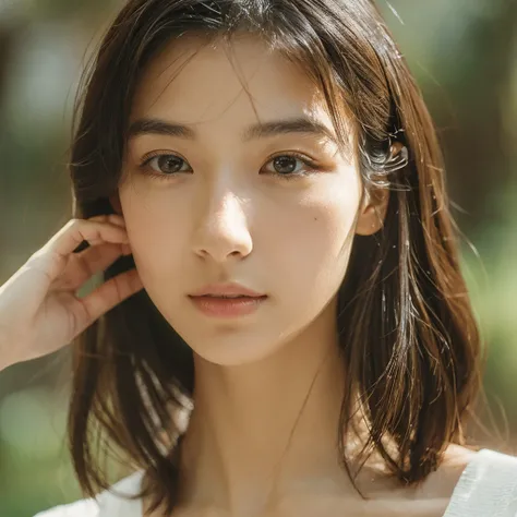 A hyper-realistic image of a single Japanese woman in her early 20s, captured with the nostalgic warmth and subtle graininess of a film camera. Her skin has a warm beige tone with a natural, slightly rough texture that includes visible pores, fine lines, a...