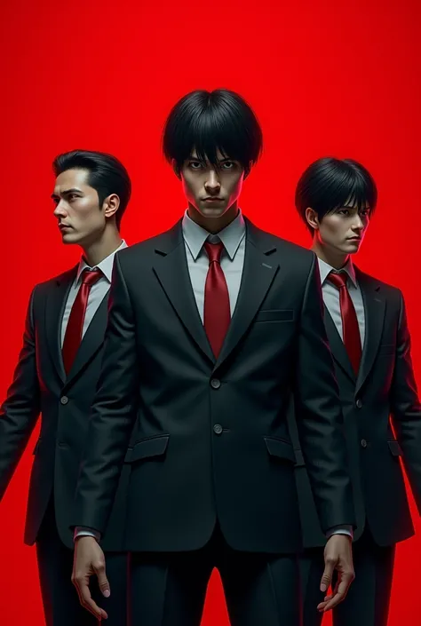 Trio of suit and tie,dynamic pose,nervous expression, with red background,death note style