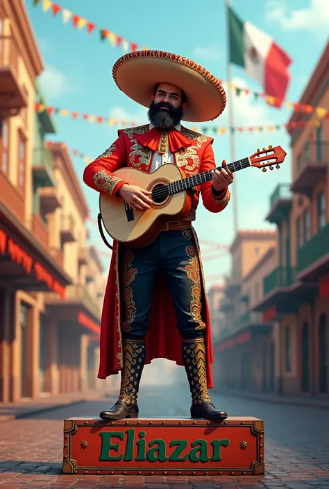 A photograph of a 3D rendering of a bearded Mexican mariachi dressed in a flashy outfit. He is standing on a platform with the name "ELIAZAR". The mariachi wears an elegant ranchero hat and holds a guitar. The background is a city with buildings decorated ...