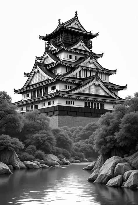 I want a very realistic drawing of Osaka Castle in black and white manga style. 


