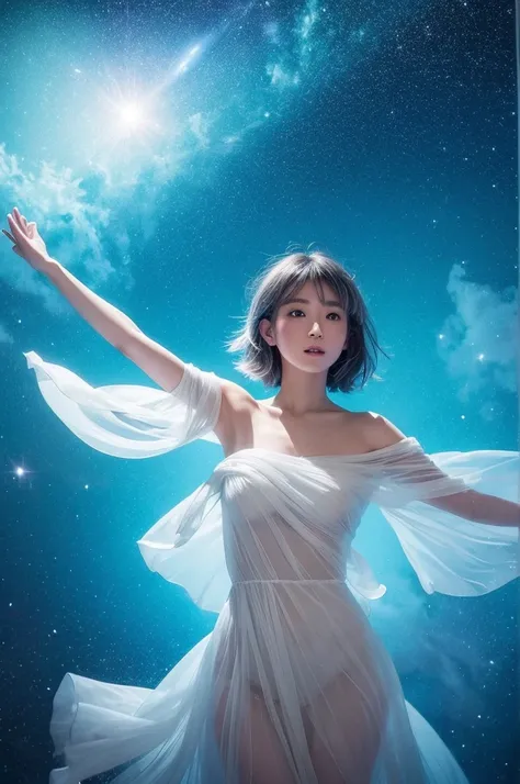 A beautiful Japanese girl is depicted flying through a fantastical cloud tunnel.。She has short white-silver hair and her eyes have a curious and dreamy sparkle.、Gently gazing into the distance。The outfit is a simple white off-the-shoulder dress.、The soft s...