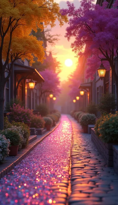 "A cobblestone street at sunset, with a path made of small, brightly colored gemstones that sparkle in the soft light. The stones reflect the light like diamonds, creating a magical, dreamlike ambiance. The trees on either side of the street are yellow Ype...