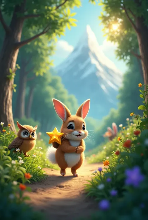 Tico the bunny, carrying the small star on his back, walks through the magical forest towards the bright Mountain. Along the way, they meet a wise owl who points them to a secret path, and a gentle breeze that helps Tico hop higher. The scene shows the fri...