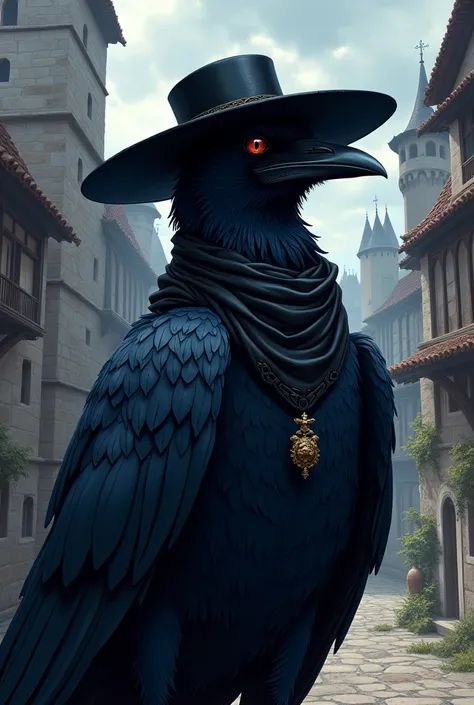 Crow with black bandana and hat. Anime line medieval era.