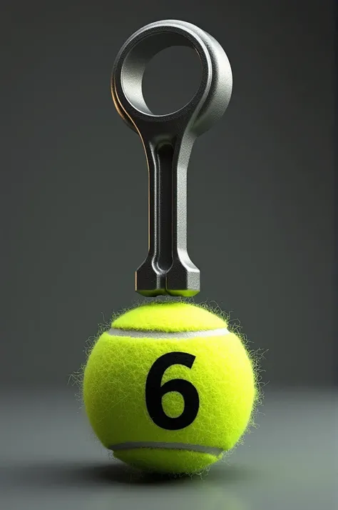 I want you to make me an engine connecting rod, anchored to a tennis ball, This ball will have a design of a number from a die drawn on it.