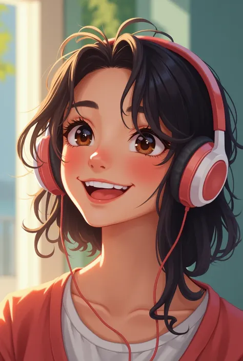 A cute Girl  wearing headphones and smiling 
