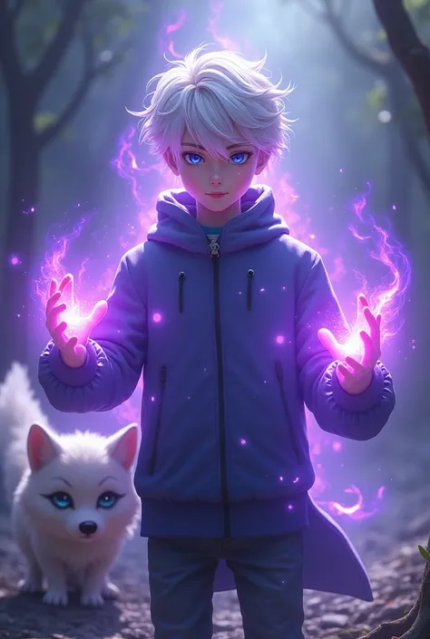 A boy of 173, dyed white hair, blue eyes and average physique. With purple aura magic, a kytsune