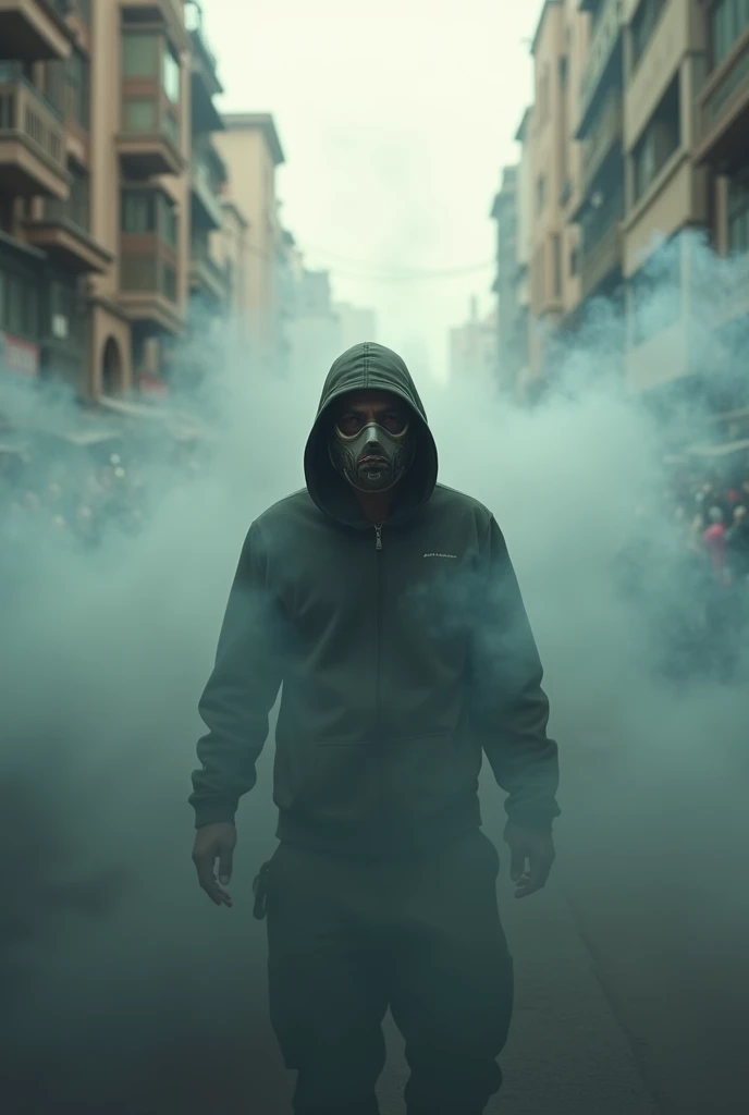 A person in the middle of the smoke wearing a mask because of the smoke in a very smoky city with a desert climate and very hot weather 