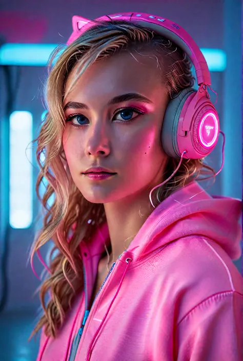 blonde wavy hair, wearing a bright pink led hoodie, over-ear pink headphones, casual and futuristic vibe, looking down at someth...