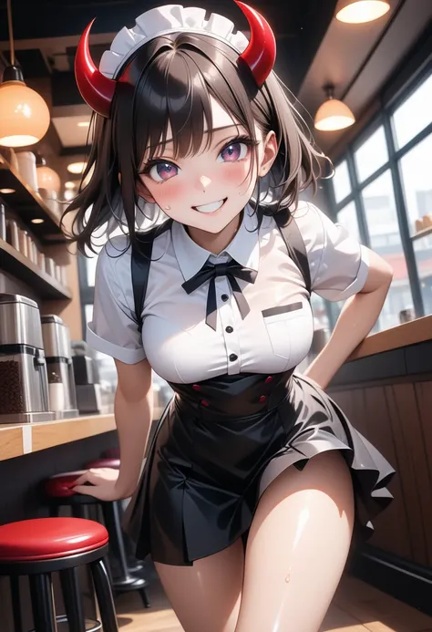 (((devil Smile))), (((Waitress Uniform, skirt, stiletto heels))), ((Shiny Costumes)), ((skindentation)), Sexy model woman, skinny, solo, 1 woman, Masterpiece, highest quality, highest quality, 16K, incredibly absurd, highly detailed, 2.5D, ai-generated, de...