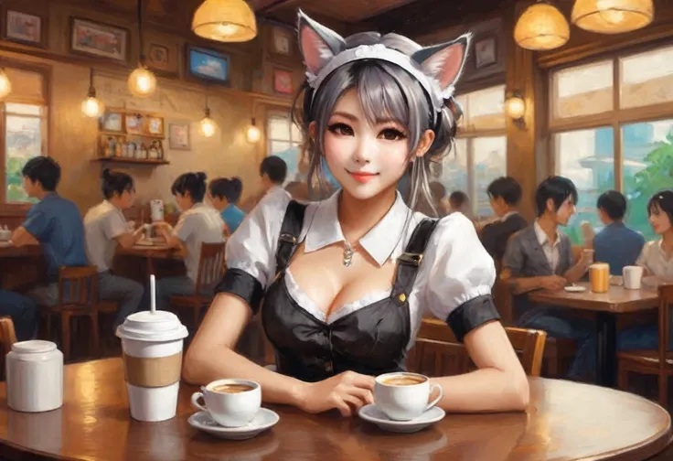 A cat girl waitress (yuna, cute, sexy maid outfit panties exposed, deep plunging neckline, cat ear headband) serves coffee to bored patrons (playing on their lap tops and cell phones) in a coffee shop, evening
