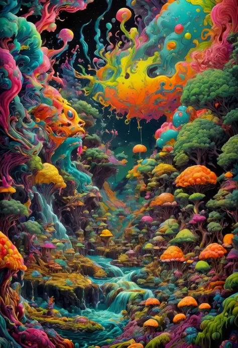 psychedelic abstract art, mind-bending, melting, vivid colors,  a pop art painting inspired by michael deforge, dan mumford, tum...