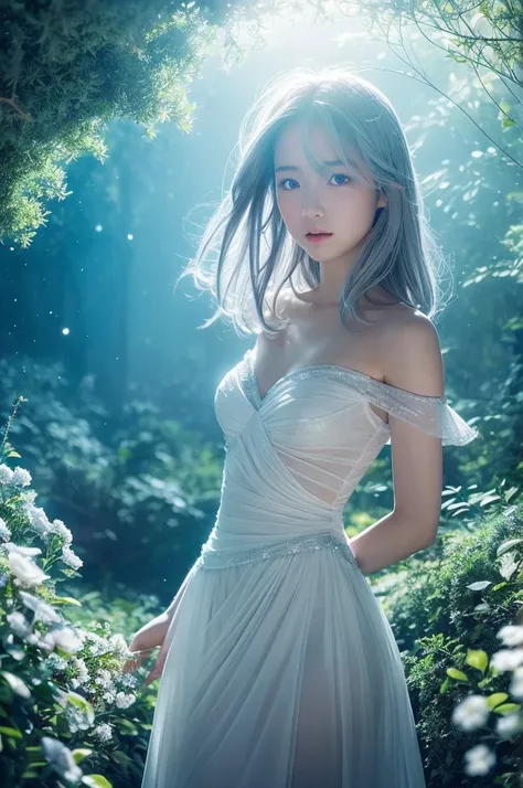 A beautiful Japanese girl is depicted flying through a fantastical cloud tunnel.。She has short white-silver hair and her eyes have a curious and dreamy sparkle.、Gently gazing into the distance。The outfit is a simple white off-the-shoulder dress.、The soft s...