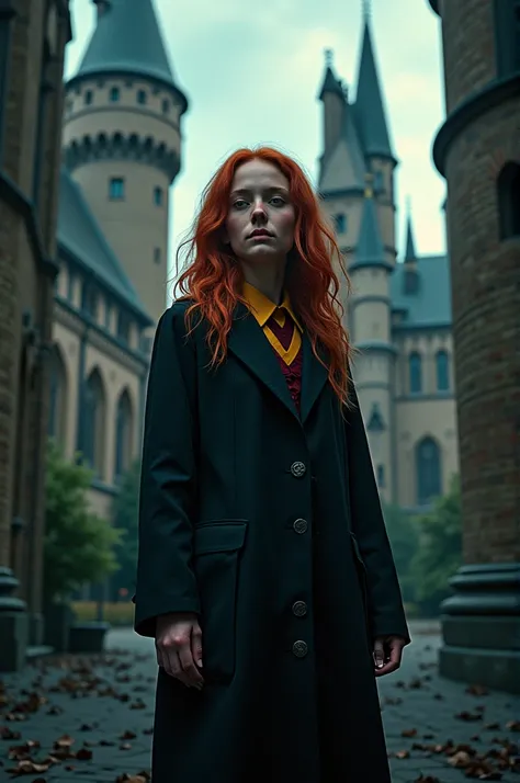 Create a movie cover. The title will be "In my blood" written in the same font as Harry Potter. At the center, there will be actress Sadie Sink dressed in the Gryffindor uniform and holding a wand. The setting will be Hogwarts