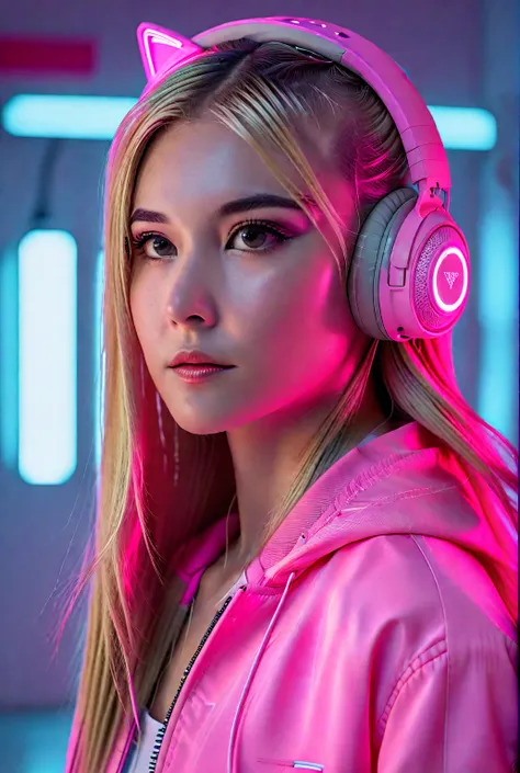 long blonde hair, wearing neon pink headphone, bright pink jacket, straight hair, futuristic and colorful lighting, neon light b...